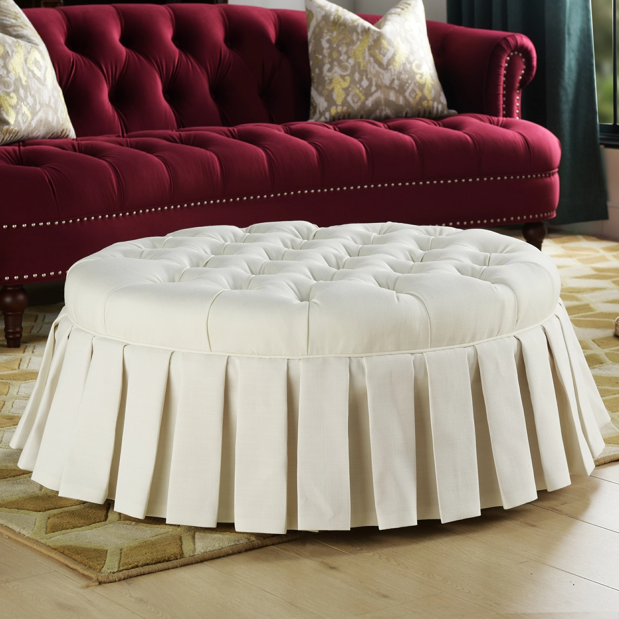 New 👍 Gracewood Hollow Baruti Tufted Cocktail Ottoman With Pleated 👗 Skirt Antique White 🌟 4 New 👍 Gracewood Hollow Baruti Tufted Cocktail Ottoman With Pleated 👗 Skirt Antique White 🌟 - Image 2