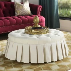 New 👍 Gracewood Hollow Baruti Tufted Cocktail Ottoman With Pleated 👗 Skirt Antique White 🌟