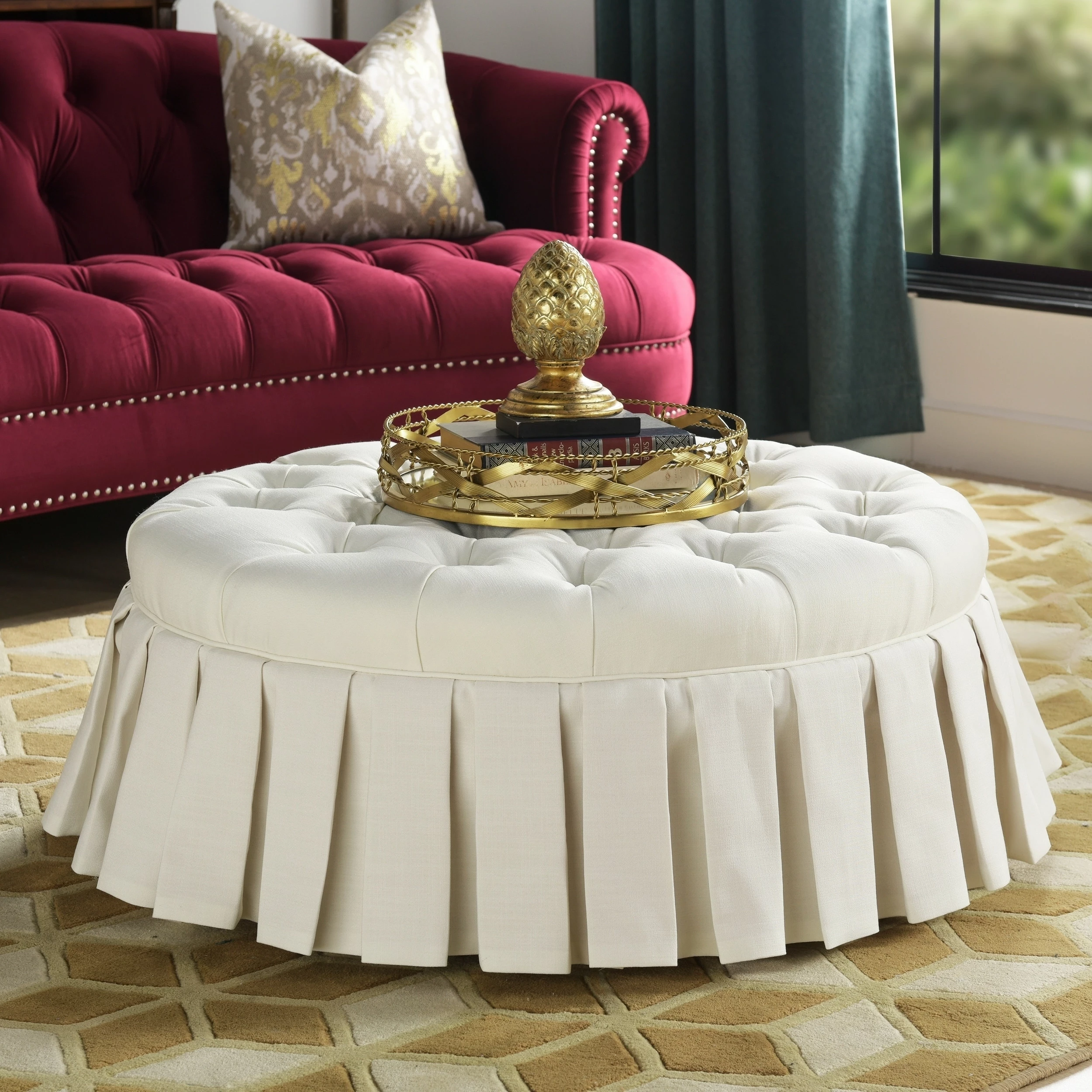New 👍 Gracewood Hollow Baruti Tufted Cocktail Ottoman With Pleated 👗 Skirt Antique White 🌟 3 New 👍 Gracewood Hollow Baruti Tufted Cocktail Ottoman With Pleated 👗 Skirt Antique White 🌟