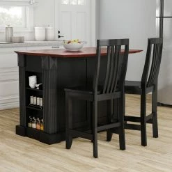 Deals 💯 Gracewood Hollow Kenny Black Drop Leaf Breakfast Bar Kitchen Island With 24-inch Black School House Stools 🧨