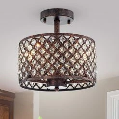 New ❤️ Gracewood Hollow Kang Rustic Bronze 3-light Semi-flush Mount With Crystal Drum Shade Accents 🔥